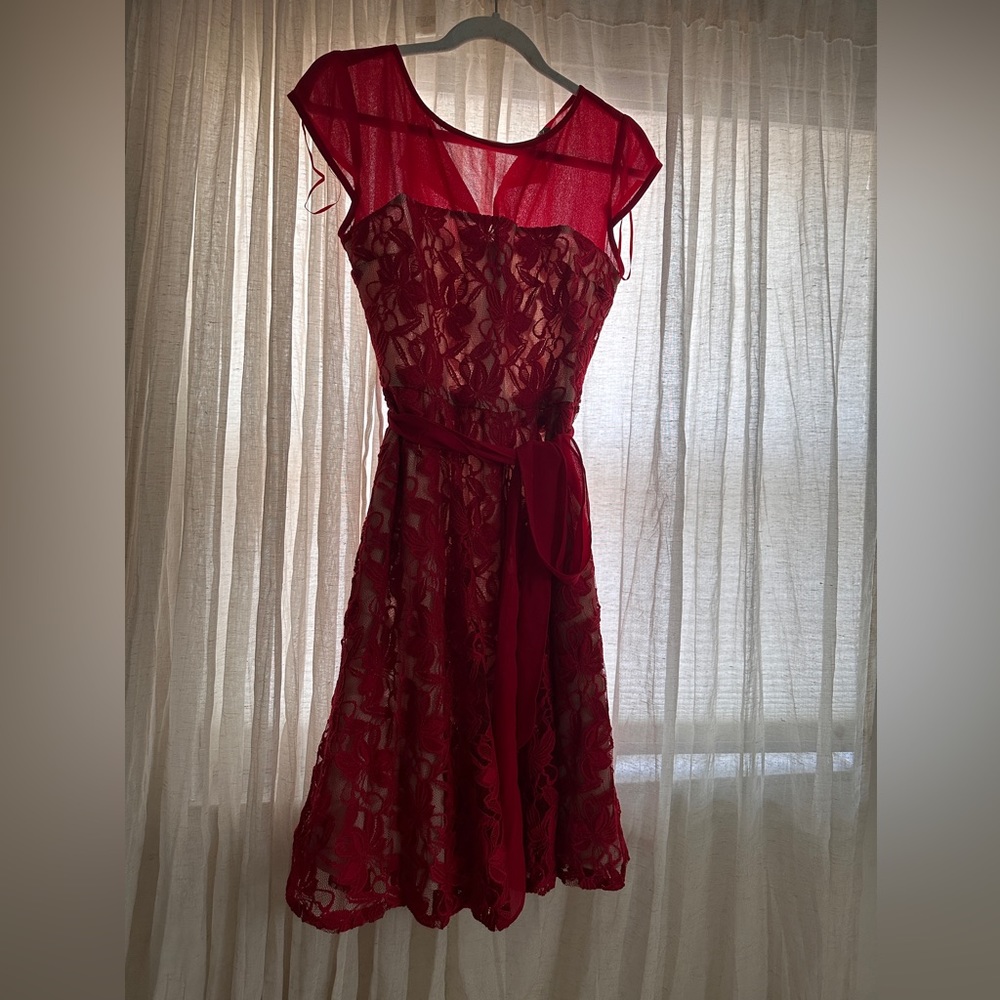 Red dress / floral sheer detail with tan slip dress underneath